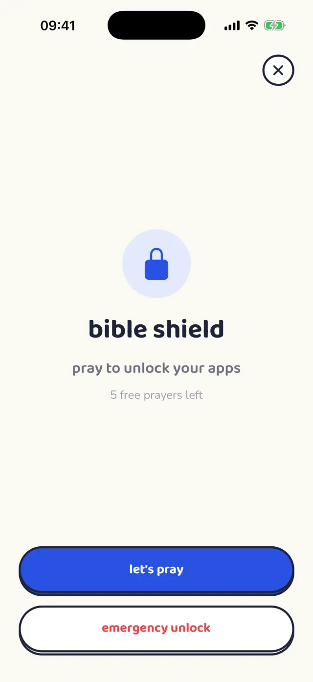 A blocked app showing the Bible Shield lock screen with a pray button